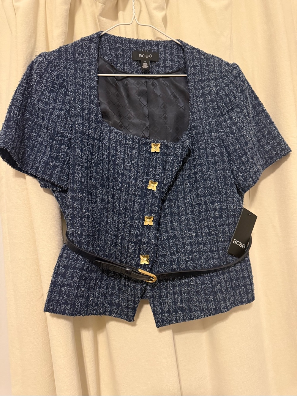 BCBG Navy Short-Sleeve Tweed Belted Jacket with Gold Buttons